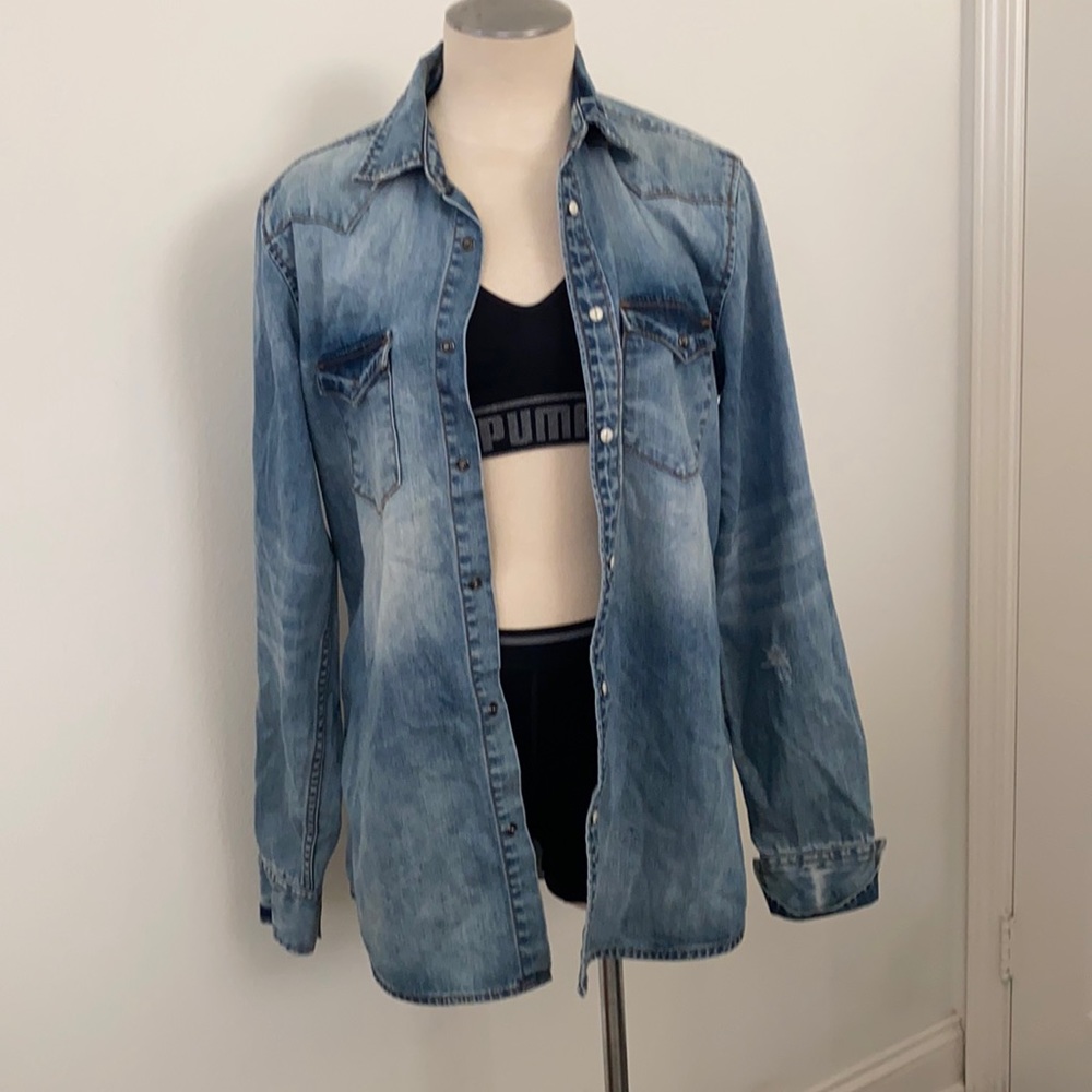 3/$15 long denim shirt.